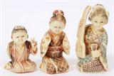 Lot# 2392 CHINESE CARVED IVORY CARVINGS, THREE, One netsuke of lady with dulcimer H 2". Two miniature carvings of children H 1 3/4"; 1 1/3".
