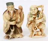 Lot# 2393 CHINESE IVORY NETSUKE TWO, Both hand carved and both signed. Fisherman with fish and sage with gourd and running dog H 2"