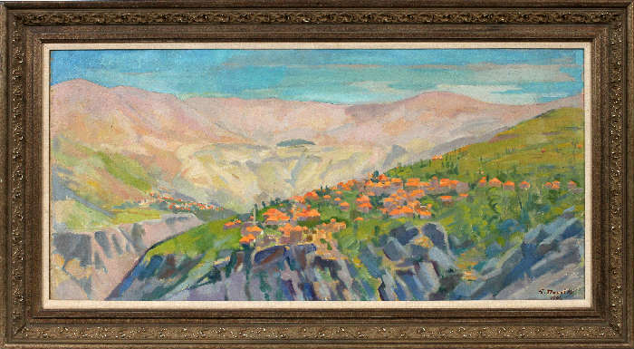 Lot#2001,SALIBA DOUAIHY (LEBANESE 1915-1994), OIL ON CANVAS, 19" X 40", 1942, QADISHA VALLEY