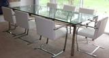 Lot#2060, KNOLL STEEL & WHITE LEATHER ARM CHAIRS WITH A CUSTOM GLASS & STEEL TABLE H 29" W 48" L 96"