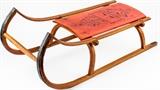 Lot #164, Antique Solid Maple Toy Sled w/ Tole Painted Seat
An antique solid maple toy sled with bentwood runners. Runners have metal strips affixed to the bottom. The seating area is painted red and decorated with black stenciled geometric designs. It is in fantastic condition and would display nicely as a wall decoration. Measures 11.75" tall x 34" long x 13" wide. Tag Words: Child's ride on toy, Christmas, winter sports **This item cannot be shipped.