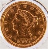 Lot #198, Coin 1907 $2 ½ Liberty Head Gold Quarter Eagle
1907 $2 ½ Liberty Head Quarter Eagle Gold Coin. 4.18g of 90% Gold, Philadelphia minted 336,294. Not Graded. From the Internet: “Designed by Christian Gobrecht, the $2.50 Liberty Head ¼ Eagle was produced continuously from 1840 to 1907 with each coin containing just under an 1/8th ounce of gold. The obverse design features an idealized bust image of Lady Liberty facing left wearing a coronet with “LIBERTY” inscribed. Above the bust design are 13 stars to represent the original states or colonies. The reverse features an eagle holding an olive branch in one claw and arrows in the other. On the outer periphery above the eagle is the legend "UNITED STATES OF AMERICA" and just below the eagle design is the denomination "2 ½ D." A mint mark for Charlotte (C), Dahlonega (D), New Orleans (O), and San Francisco (S) is located at the bottom of the design below the eagle's claws. Coins minted at the Philadelphia Mint carried no mint marks.”