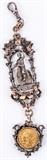 Lot #390, Jewelry 900 Silver "All Heil" Gold Coin Watch Fob
Outstanding vintage 900 silver watch fob featuring an elaborate design on a man on a bicycle holding up his hat with the words "All Heil". Possibly a Nazi Germany piece. This piece has ornate filigree metal work designs. The bottom has a genuine 1911 $2.50 Indian quarter eagle gold coin. Marked "900", measures: 6" long. Total weight: 1.38 ozt.  Tag words: Antique, Vintage, Holiday, Gift, Shopping, Jewelry, Pocket Watch, Chain, Intricate, Valentine's Day, Valentine, Anniversary, Birthday, German
