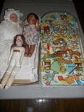 Vintage dolls = one on right is marked - EIH Co Inc ( Edward Imeson Horsman) probably pre 1930
Also pictured table top pin ball - piece of plastic broken on bottom right, and no balls