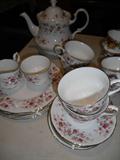 Cascade Roses Made in England
Queen Anne 8636
Bone China

Tea Pot, Sugar & Creamer, 6 cups & saucers, 6 luncheon plates