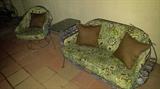 UNIQUE - Mid Century, cast iron patio set -  settee, chair and table. Newly Upholstered with outdoor fabric.
