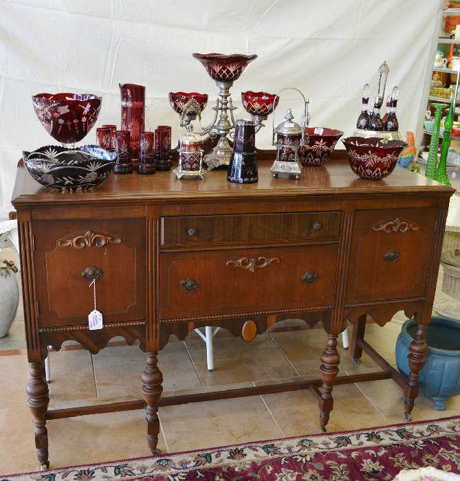 Jacobean Revival sideboard with ruby cut to clear glass