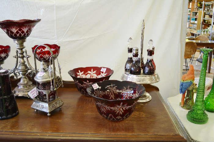 ruby cut to clear crystal, bowls, vases, pitchers, tumblers, pickle castors, tumble ups, epergnes/centerpieces