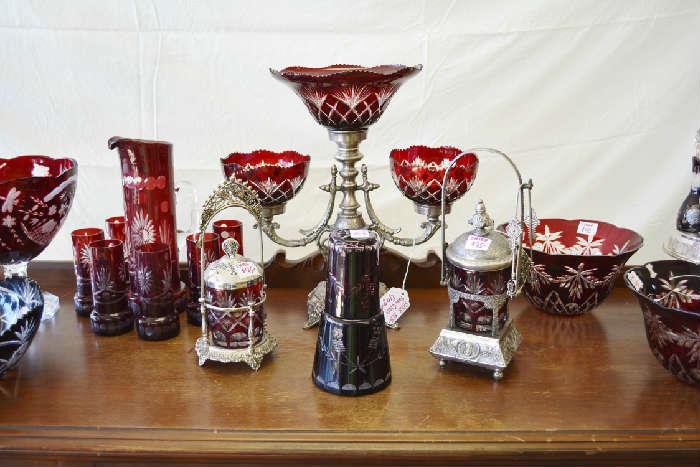 ruby cut to clear crystal, bowls, vases, pitchers, tumblers, pickle castors, tumble ups, epergnes/centerpieces