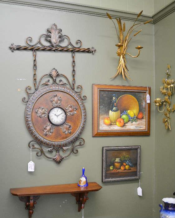 original oil paintings, metal wall clock, tole candelabra, clock shelf