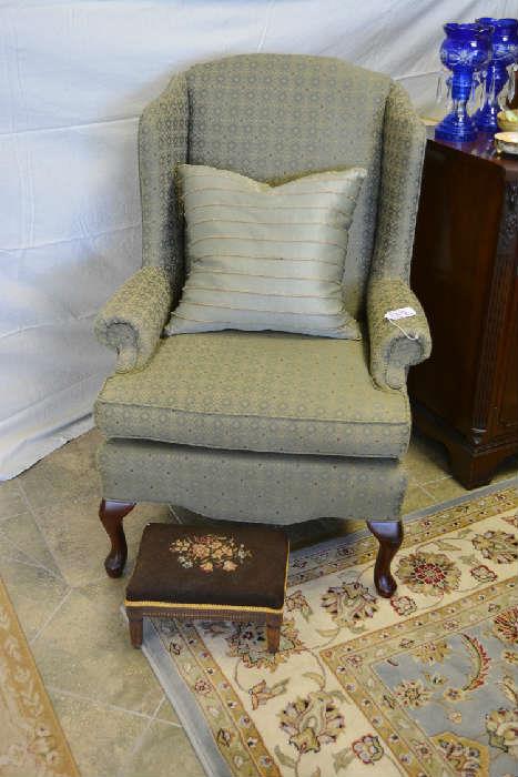nice wing back chair, needlepoint footstool
