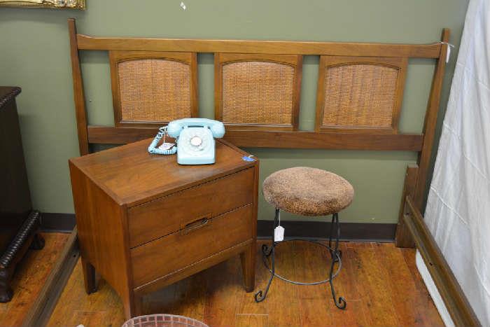 headboard, nightstand, vanity stool, vintage blue telephone