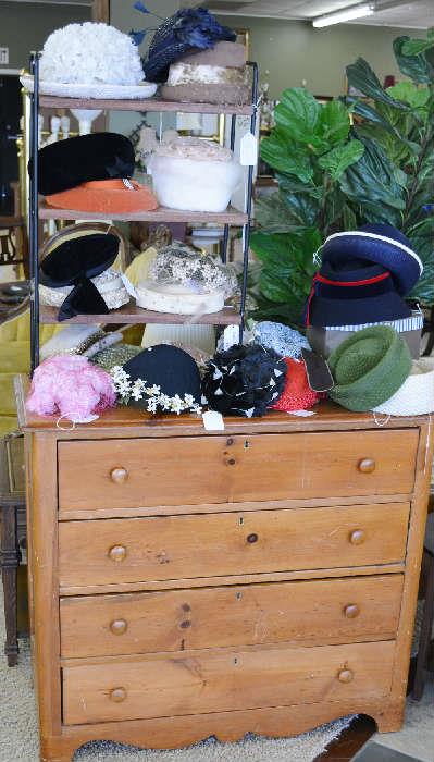 1800s pine chest with vintage hats