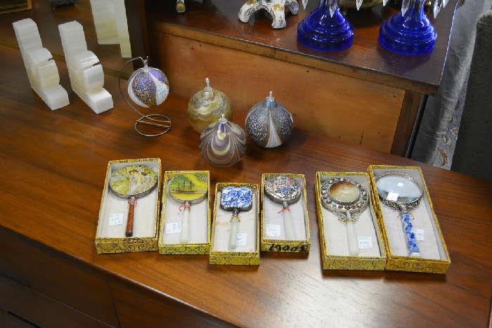 neat Chinese mirrors and magnifying glasses, blown glass mini lamps and ornaments