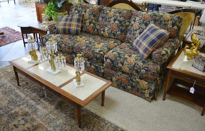 midcentury coffee table with inserts, floral sofa