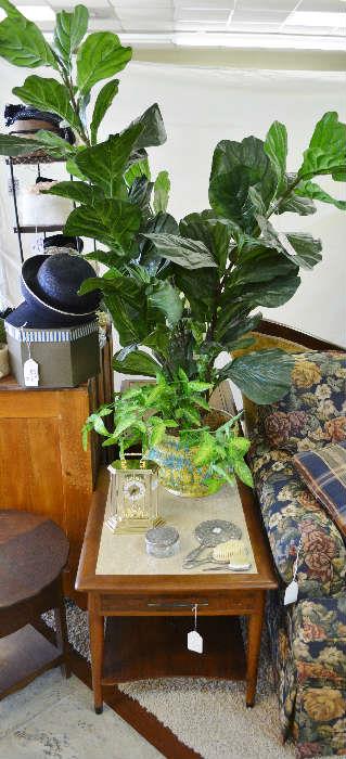 nice faux plants and trees, one of a pair of midcentury end table with inserts
