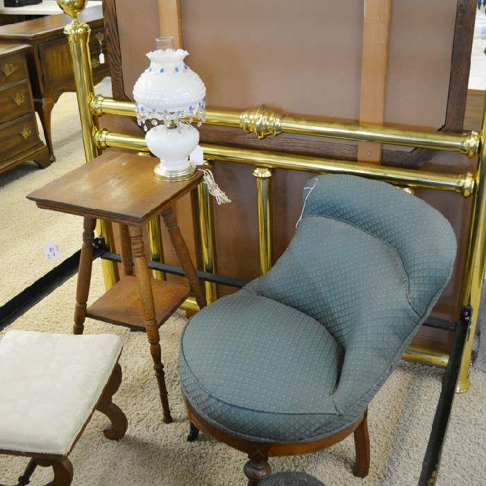 oak lamp table, Victorian slipper chair, milk glass lamp