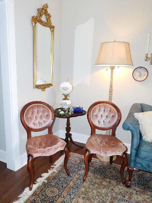 Pr. Victorian Style Chairs, Mahogany Lamp Table, Heavy Floor Lamp, Ornate Mirror, GWTW Milk glass lamp.