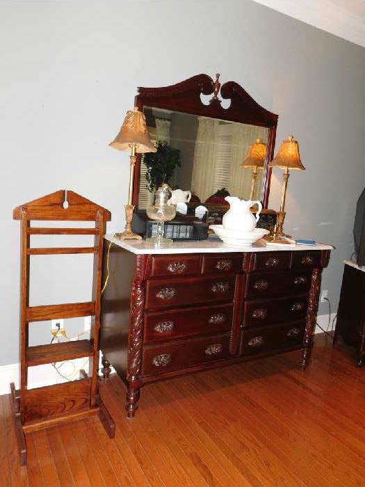 Marble Top Double Dresser & Mirror, Silent Butler, Aladdin Oil Lamp, Pitcher and Bowl