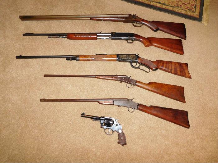 BW&D Co.  - Double Barrel Shotgun, 32 Pump Action Remington - Model 141, Winchester Anniversary Rifle-like new-Model 1894, 22 Stevens Arms Little Scout, Remington Arms 22, S&W 45 revolver