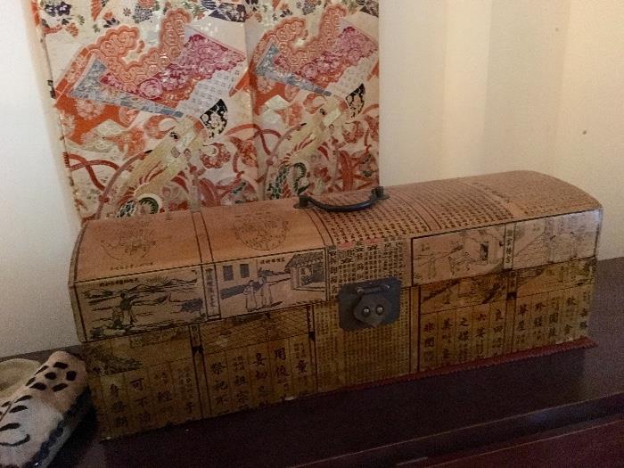 Collection of new and vintage Asian boxes, textiles, scrolls