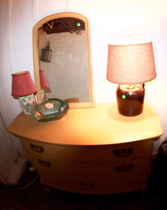 Vintage dresser, pottery lamps