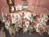 Knock Down vanity with mirrored top and fabric skirt