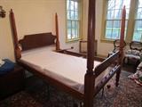 Antique rope bed with canopy modified for modern mattress and boxsprings