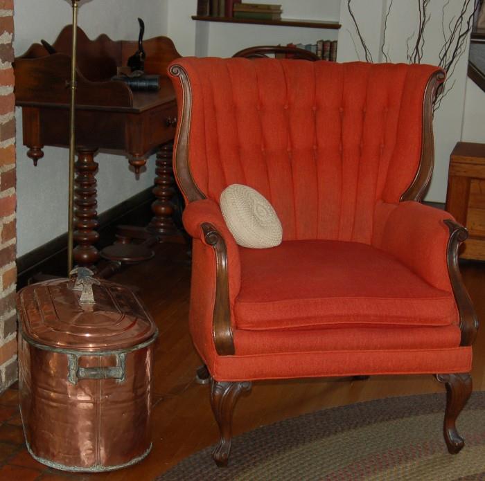 Copper Boiler and Orange Upholstered Chair