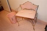 Pretty and Pink 1960's Pearl-Wick Vanity Seat!! Adorable matching MCM pink and gold waste can.