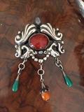 Large antique sterling and semi precious brooch.