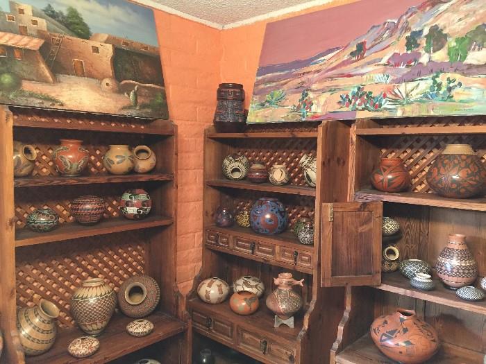 Mata Ortiz, San Ildefonso, Santa Clara, Pueblo, and other pottery pieces.