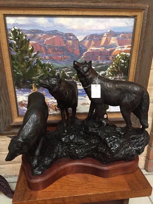 Bronze wolves by J.D. Putnam, Grand Canyon oil on canvas by Mark Daniels.  And just the top of a fabulous mid-century modern accent table.