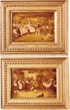 219/11  Paintings.  Two companion 19th century German/Austrian oil paintings on panel.  Both show peasants celebrating within a tavern.
Viewing area of each:  5 3/4" x 4 3/4", similarly framed in carved giltwood.
The two:  $325.00