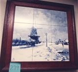265/279  Plaque.  A set of nine 19th century Dutch Delft tiles mounted and framed, forming a winter picture showing a windmill and horse drawn cart with skaters on the frozen canal.  The village shows in the distance.
Signed, lower right:  Louis Apol [1850-1936].  One of the best known of the Delft artists.
Delft logo at lower left.
18 1/2" square in a molded oak frame.  $950.00