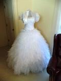Stunning debutant dress with feathery skirt, comes with hoop skirt and gloves