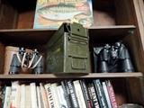 Binoculars and military filing box, "Singing Bass" in box:) 