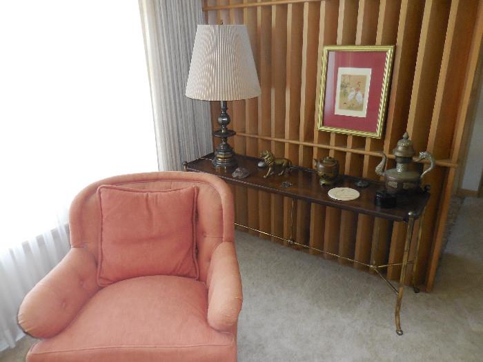 Drexel Heritage Mid Century Swivel Arm Chairs. Brass Metal Sofa/ Entry Way Table.Brass Decor