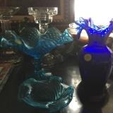 Blue Glass ware, vase and candy dishes