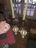 STERLING SILVER CANDLEHOLDERS AND CREAM AND SUGGAR BOWLS