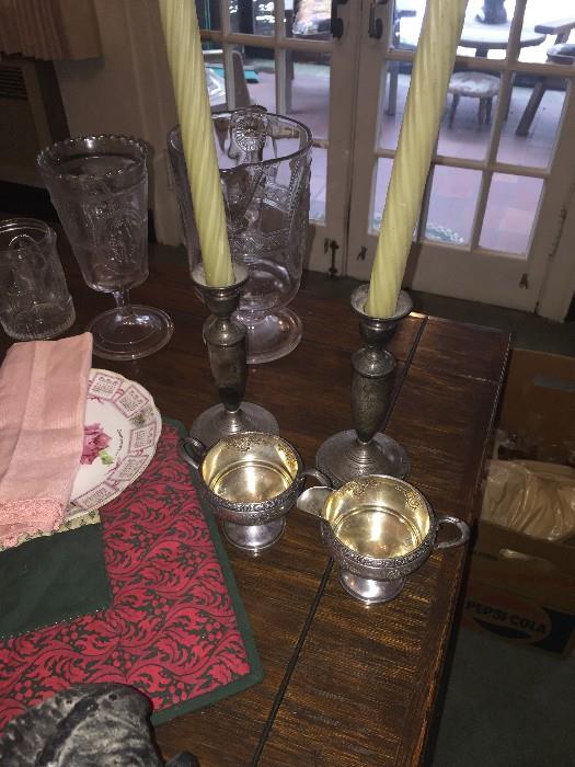 STERLING SILVER CANDLEHOLDERS AND CREAM AND SUGGAR BOWLS