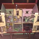 ANTIQUE PRIMITIVE DOLLHOUSE , FURNITURE , DOLLS