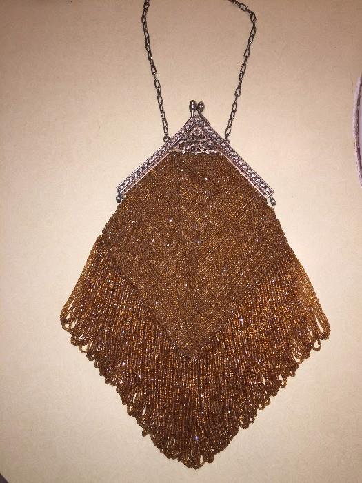 ANTIQUE FRENCH BEADED PURSE WITH FRINGE