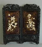Impressive carved 2 panel screen with ivory and bone flowers.