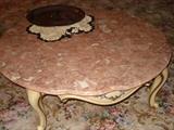Pink marble-top coffee table.