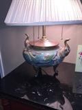 ANTIQUE ENAMEL AND BRASS ELEPHANT LAMP