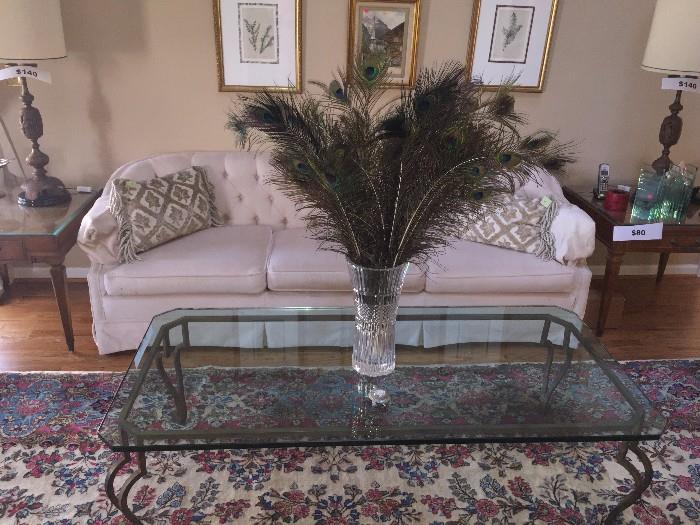 GLASS TABLE / CREAM TUFTED SOFA AND SIDE TABLES WITH LAMPS