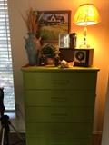 vintage 4-drawer chest, vintage radio, lamp, original farm house art, oil.