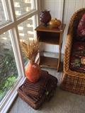 Picnic baskets, mid-century decoratives, end table.