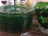 Green depression glass plates, green vintage glassware.